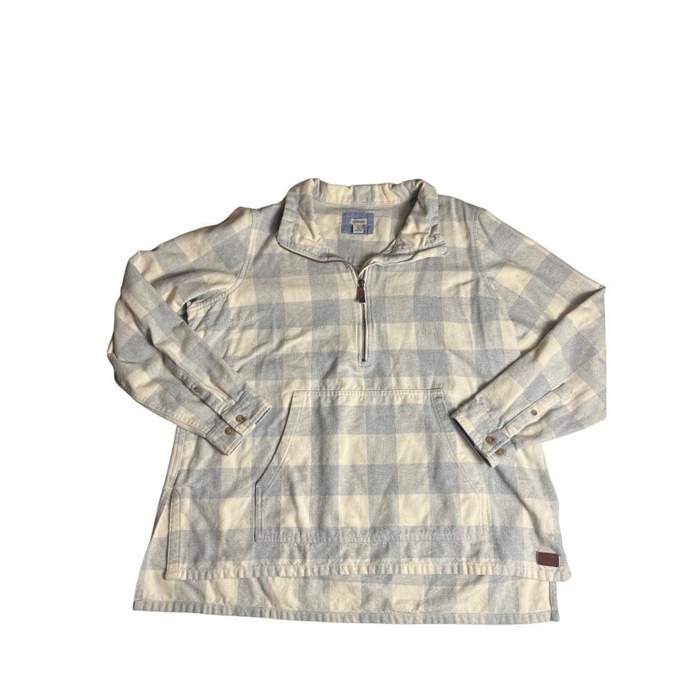 L.L. Bean Womens XL Plaid Pullover Jacket Gray/White Cotton Half-Zip Long Sleeve